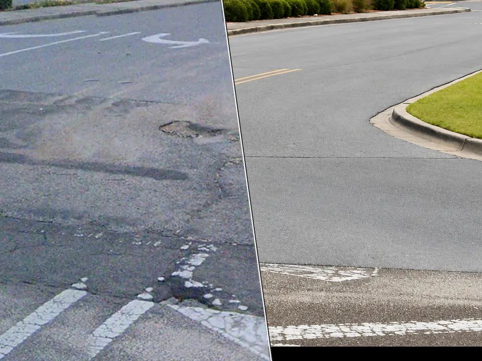 Before and after image of damaged asphalt and the repair