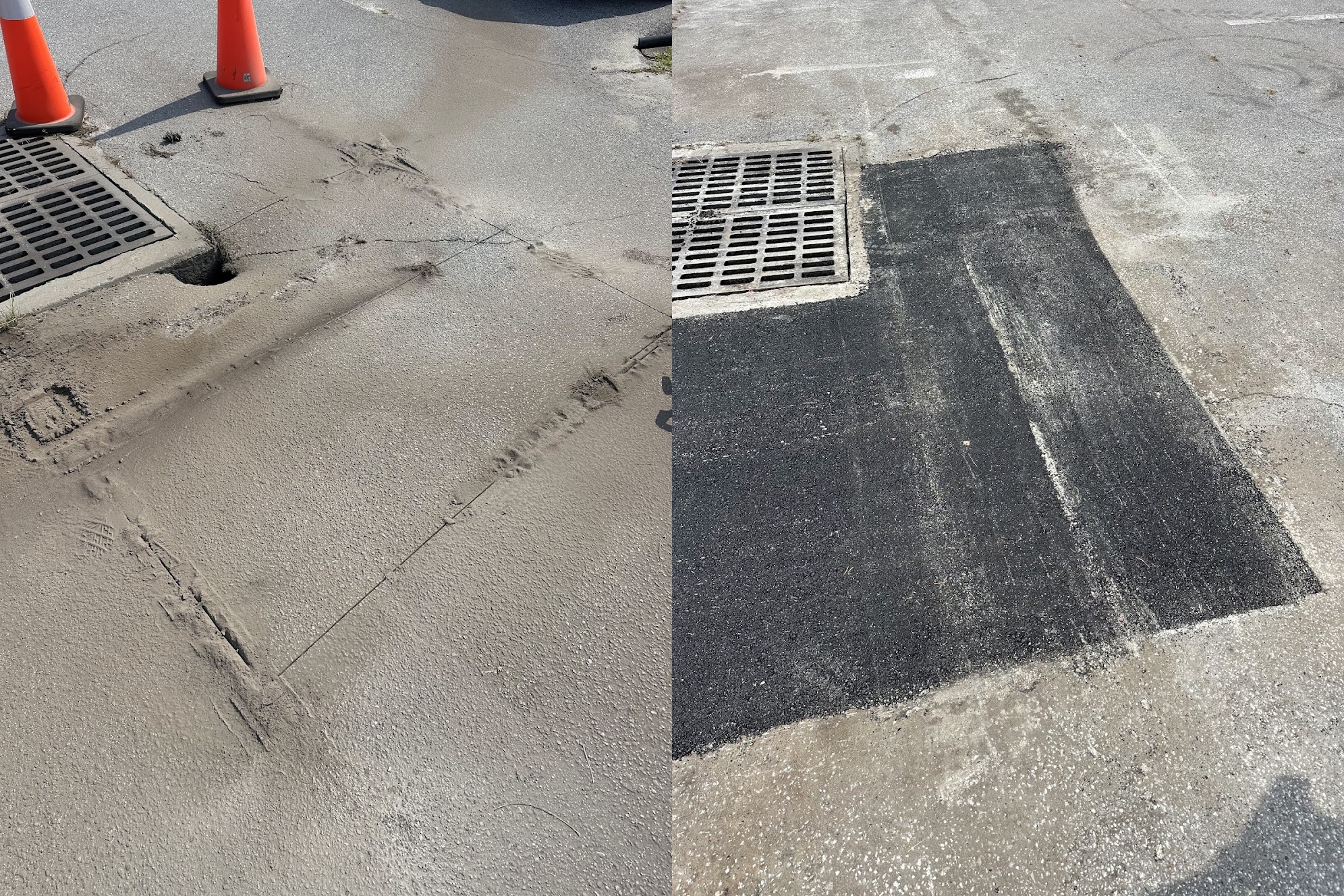 Before and after image of a sinkhole and washout repair at a catch basin
